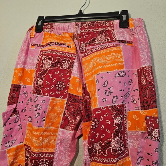 Kreamy Pink Orange Bandana Patchwork Cargo Jogger Pants NWT Streetwear Artsy M - Picture 3 of 7